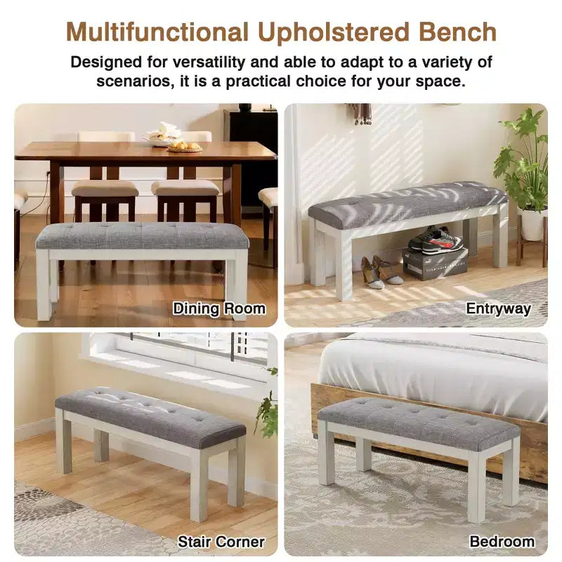 Banc de salle à manger en bois d'hévéa, repose-pieds rembourré, tabouret de chevet pour salle à manger ou cuisine, gris