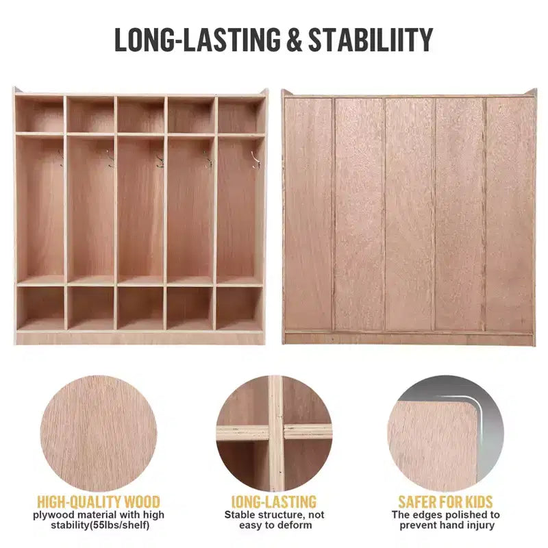 Casier de rangement scolaire à 5 sections, Casiers de rangement pour salle de classe, Casiers en bois taille enfant pour la maternelle, la maison, l'école