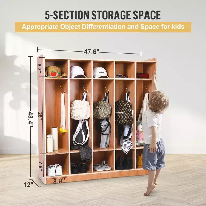 Casier de rangement scolaire à 5 sections, Casiers de rangement pour salle de classe, Casiers en bois taille enfant pour la maternelle, la maison, l'école
