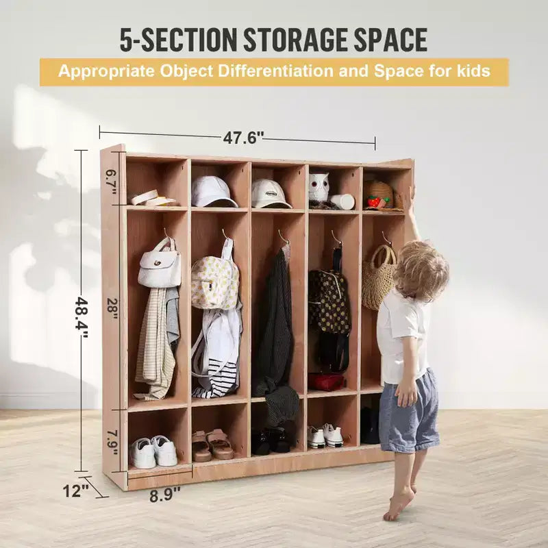 Casier de rangement scolaire à 5 sections, Casiers de rangement pour salle de classe, Casiers en bois taille enfant pour la maternelle, la maison, l'école