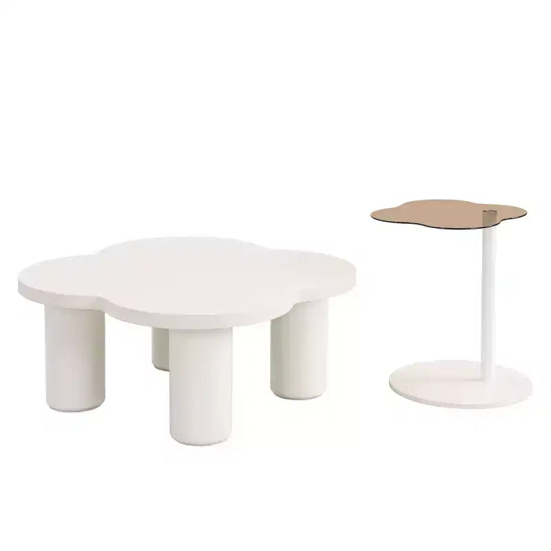 Table basse moderne, base sculpturale en colonne romaine et plateau en verre, table d'appoint, table basse irrégulière pour salon