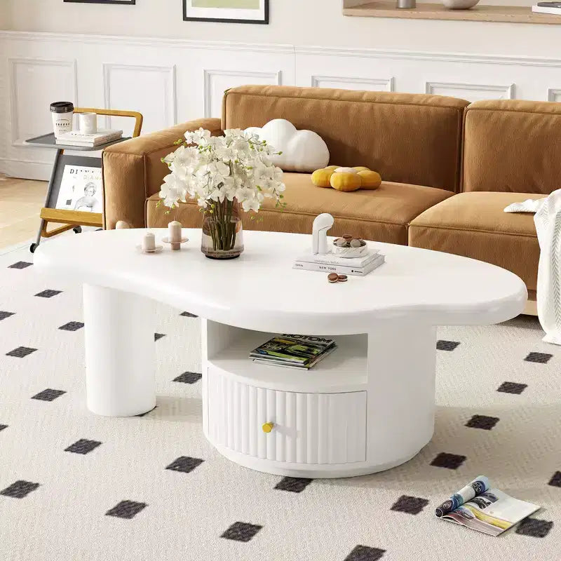Tables basses nuage modernes, table basse de forme irrégulière avec 2 tiroirs et 2 petits tabourets
