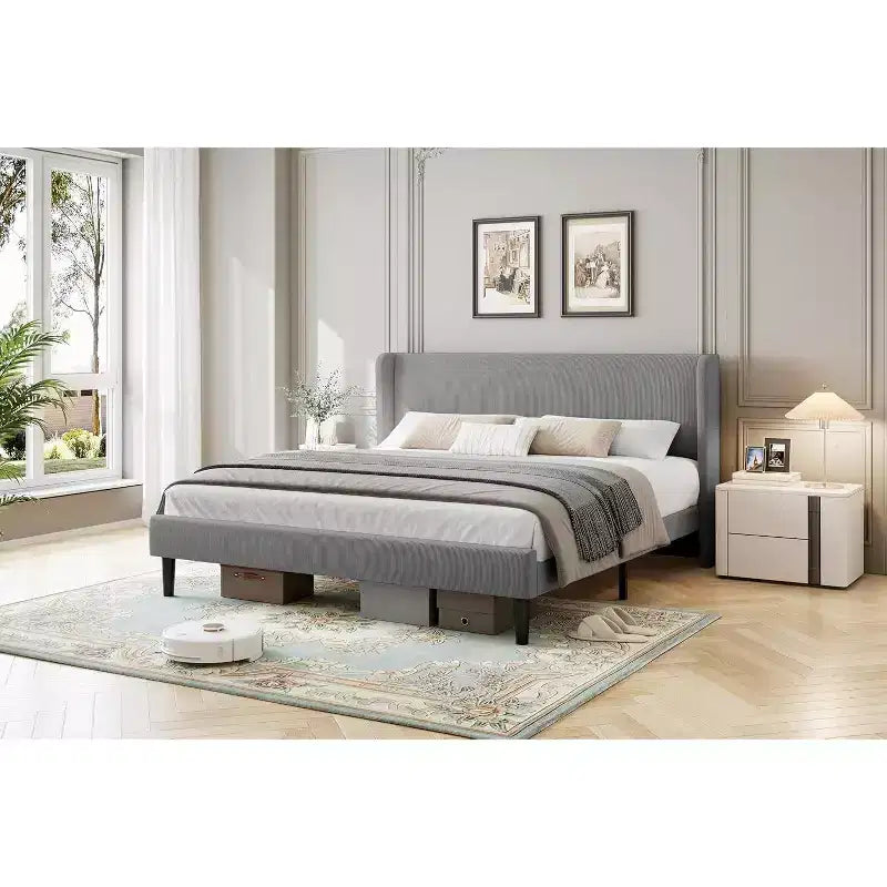 Cadre de lit king-size rembourré, lit plateforme en velours avec tête de lit à oreilles, support en lattes de bois, aucun sommier tapissier requis, gris clair