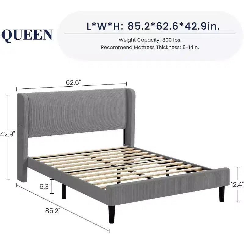 Cadre de lit king-size rembourré, lit plateforme en velours avec tête de lit à oreilles, support en lattes de bois, aucun sommier tapissier requis, gris clair