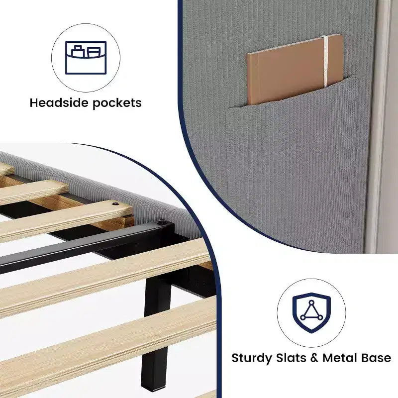 Cadre de lit king-size rembourré, lit plateforme en velours avec tête de lit à oreilles, support en lattes de bois, aucun sommier tapissier requis, gris clair