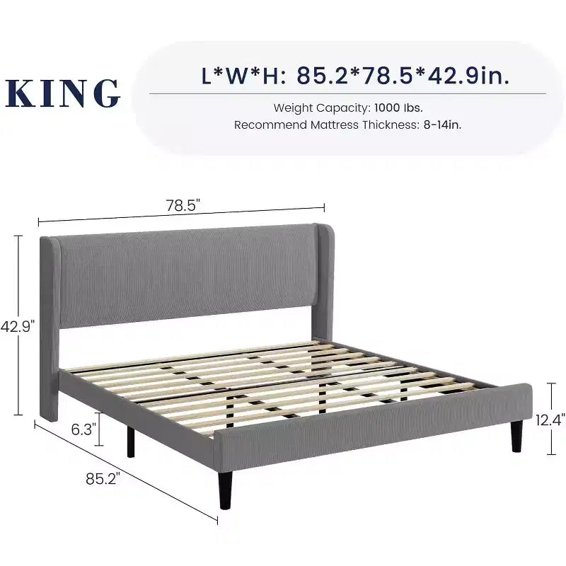 Cadre de lit king-size rembourré, lit plateforme en velours avec tête de lit à oreilles, support en lattes de bois, aucun sommier tapissier requis, gris clair