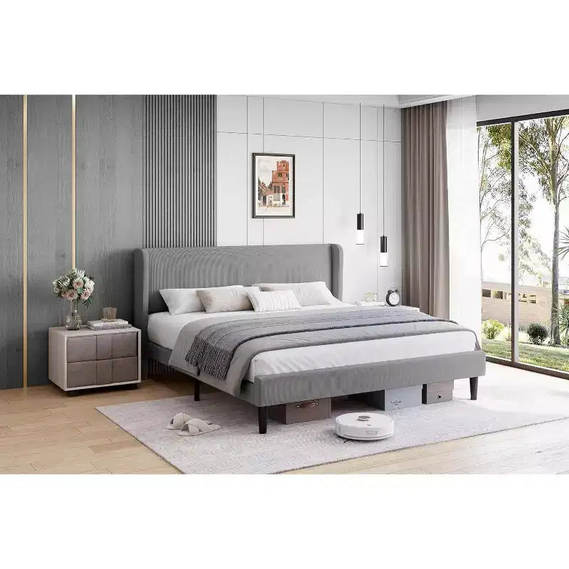 Cadre de lit king-size rembourré, lit plateforme en velours avec tête de lit à oreilles, support en lattes de bois, aucun sommier tapissier requis, gris clair