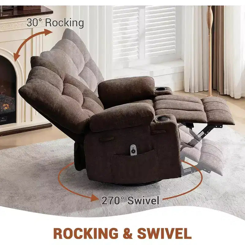 Fauteuil inclinable pivotant manuel avec massage et chaleur, fonction bascule, cuir PU épais rembourré, coussin surdimensionné pour le soulagement du dos, salon