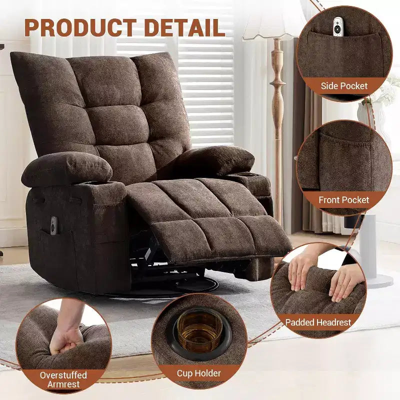 Fauteuil inclinable pivotant manuel avec massage et chaleur, fonction bascule, cuir PU épais rembourré, coussin surdimensionné pour le soulagement du dos, salon