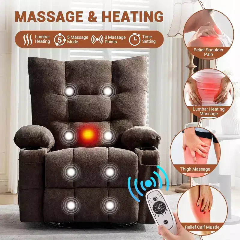 Fauteuil inclinable pivotant manuel avec massage et chaleur, fonction bascule, cuir PU épais rembourré, coussin surdimensionné pour le soulagement du dos, salon