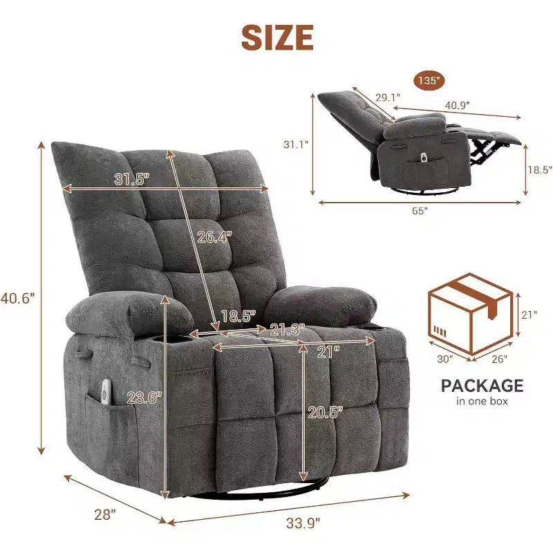 Fauteuil inclinable pivotant manuel avec massage et chaleur, fonction bascule, cuir PU épais rembourré, coussin surdimensionné pour le soulagement du dos, salon