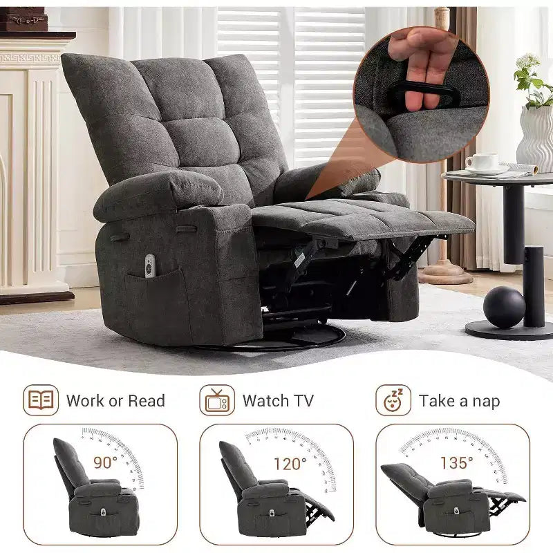 Fauteuil inclinable pivotant manuel avec massage et chaleur, fonction bascule, cuir PU épais rembourré, coussin surdimensionné pour le soulagement du dos, salon