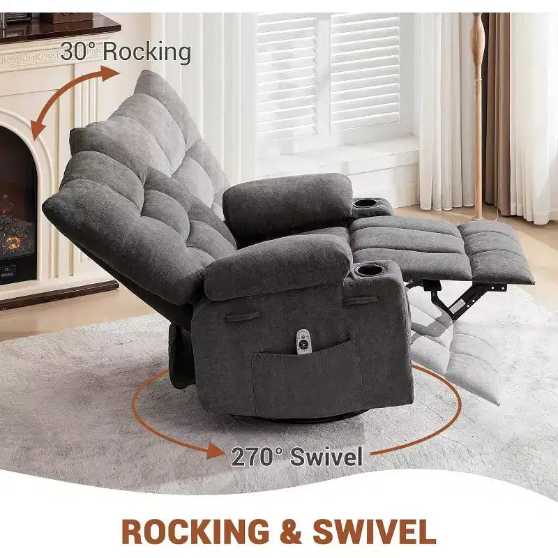 Fauteuil inclinable pivotant manuel avec massage et chaleur, fonction bascule, cuir PU épais rembourré, coussin surdimensionné pour le soulagement du dos, salon
