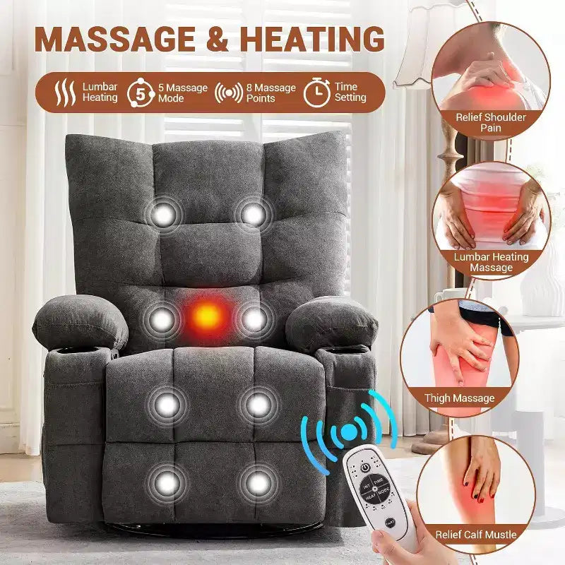 Fauteuil inclinable pivotant manuel avec massage et chaleur, fonction bascule, cuir PU épais rembourré, coussin surdimensionné pour le soulagement du dos, salon