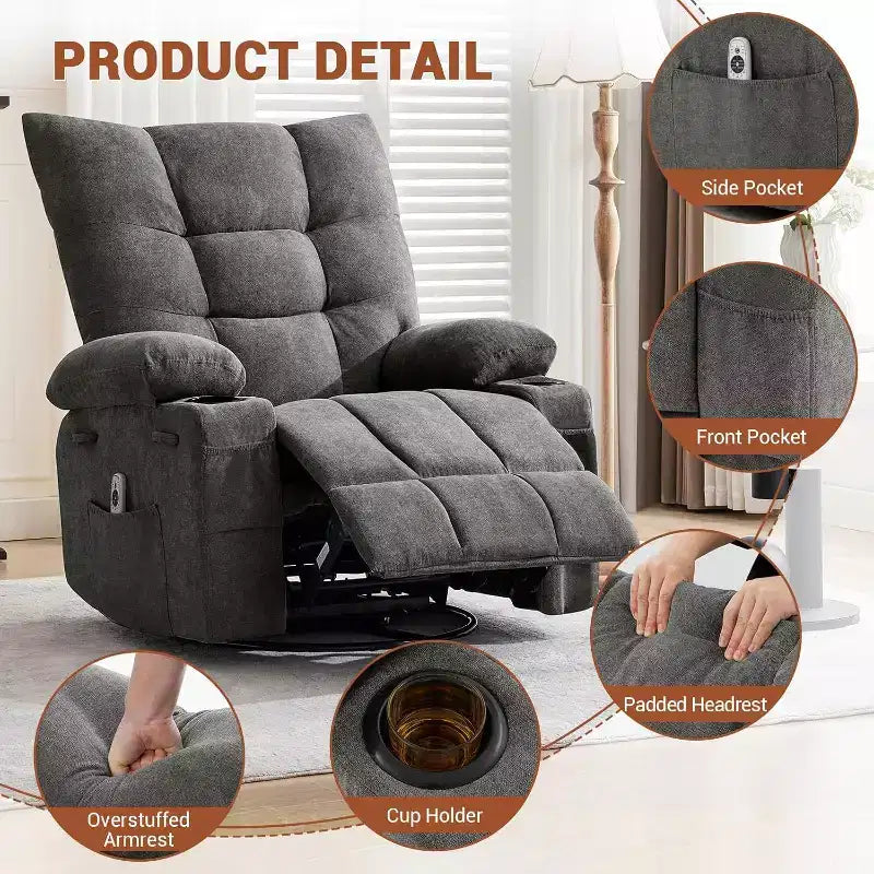 Fauteuil inclinable pivotant manuel avec massage et chaleur, fonction bascule, cuir PU épais rembourré, coussin surdimensionné pour le soulagement du dos, salon