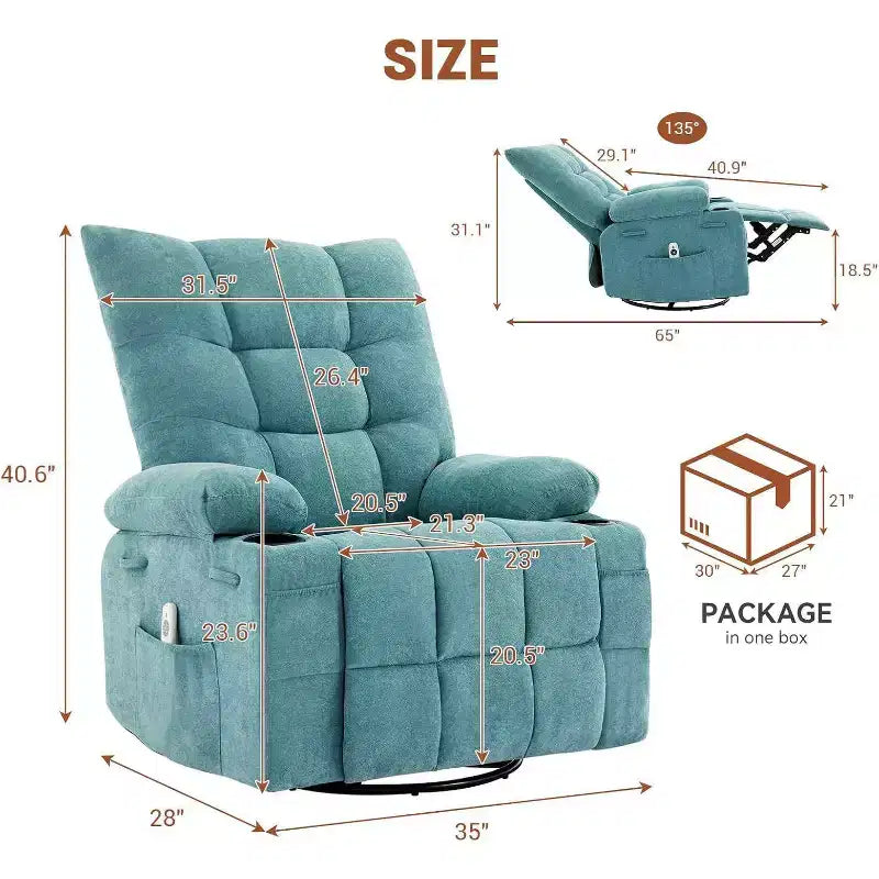 Fauteuil inclinable pivotant manuel avec massage et chaleur, fonction bascule, cuir PU épais rembourré, coussin surdimensionné pour le soulagement du dos, salon