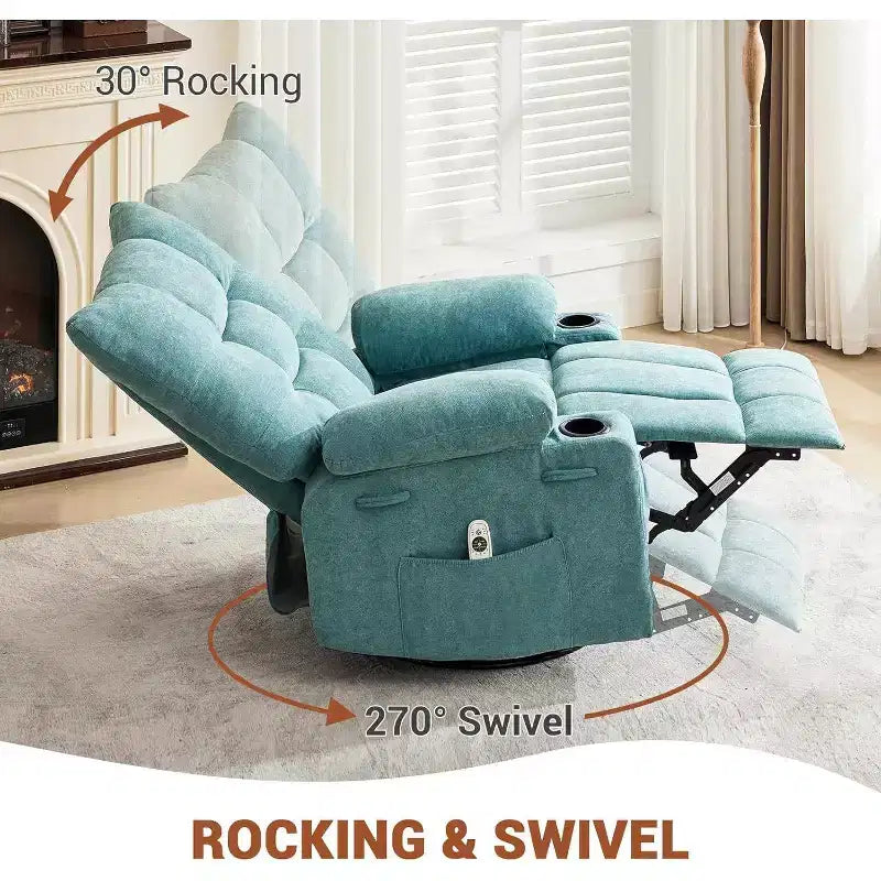 Fauteuil inclinable pivotant manuel avec massage et chaleur, fonction bascule, cuir PU épais rembourré, coussin surdimensionné pour le soulagement du dos, salon