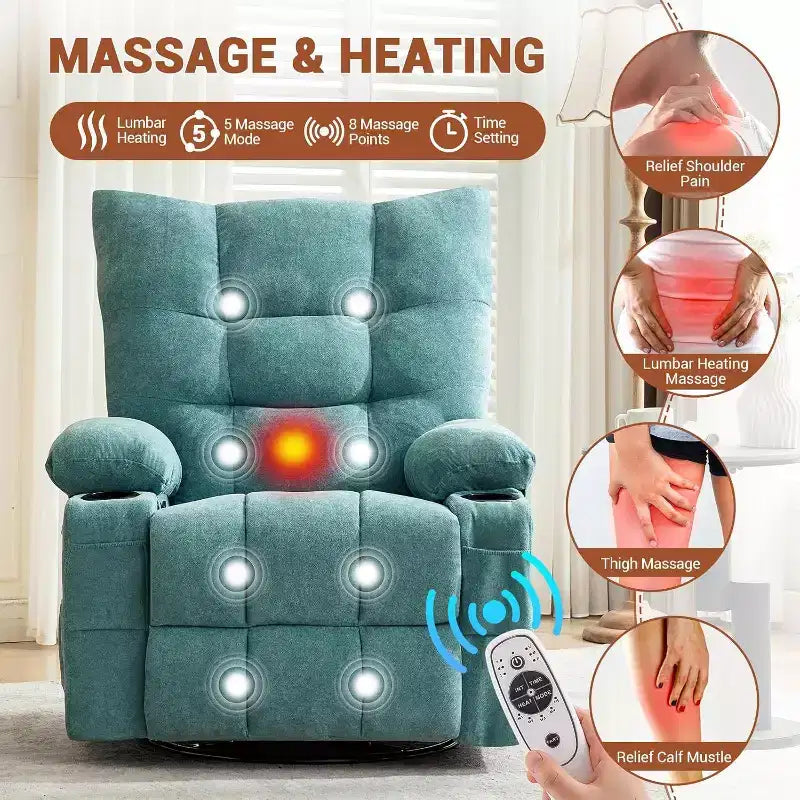 Fauteuil inclinable pivotant manuel avec massage et chaleur, fonction bascule, cuir PU épais rembourré, coussin surdimensionné pour le soulagement du dos, salon