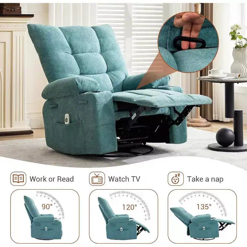 Fauteuil inclinable pivotant manuel avec massage et chaleur, fonction bascule, cuir PU épais rembourré, coussin surdimensionné pour le soulagement du dos, salon