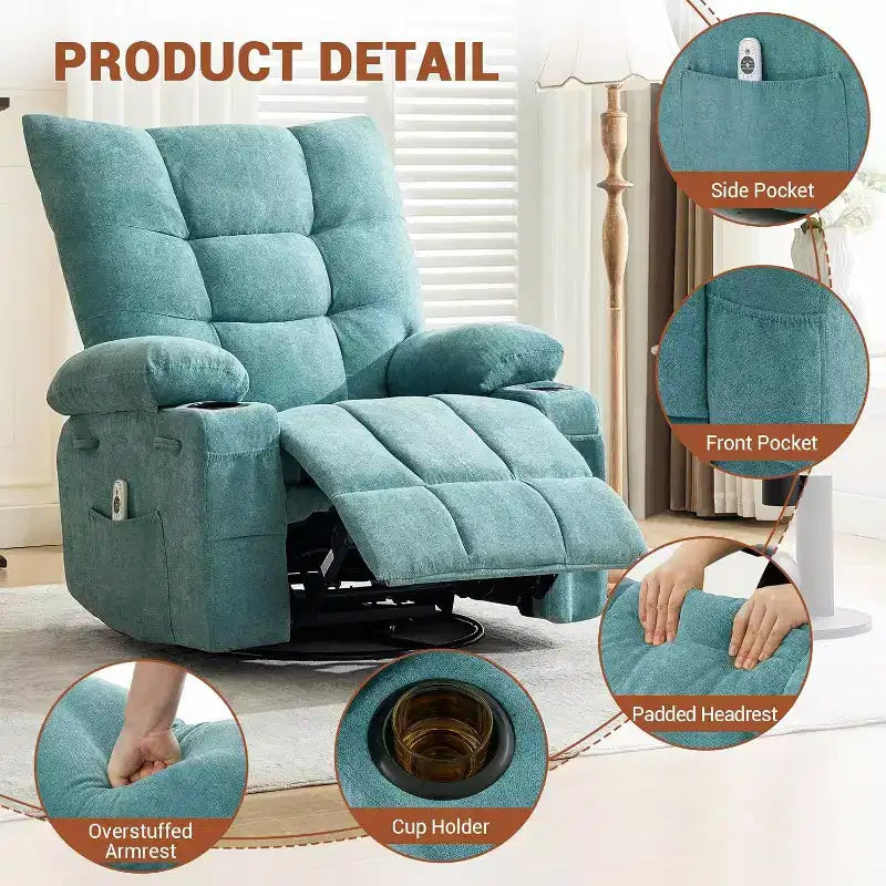 Fauteuil inclinable pivotant manuel avec massage et chaleur, fonction bascule, cuir PU épais rembourré, coussin surdimensionné pour le soulagement du dos, salon