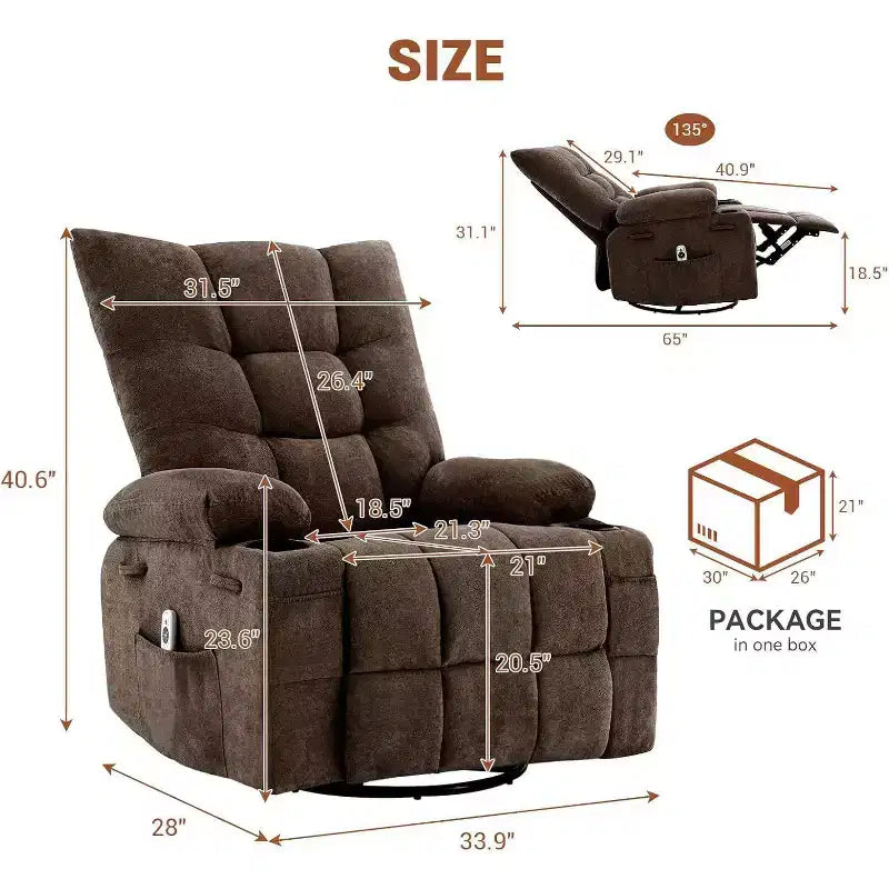 Fauteuil inclinable pivotant manuel avec massage et chaleur, fonction bascule, cuir PU épais rembourré, coussin surdimensionné pour le soulagement du dos, salon