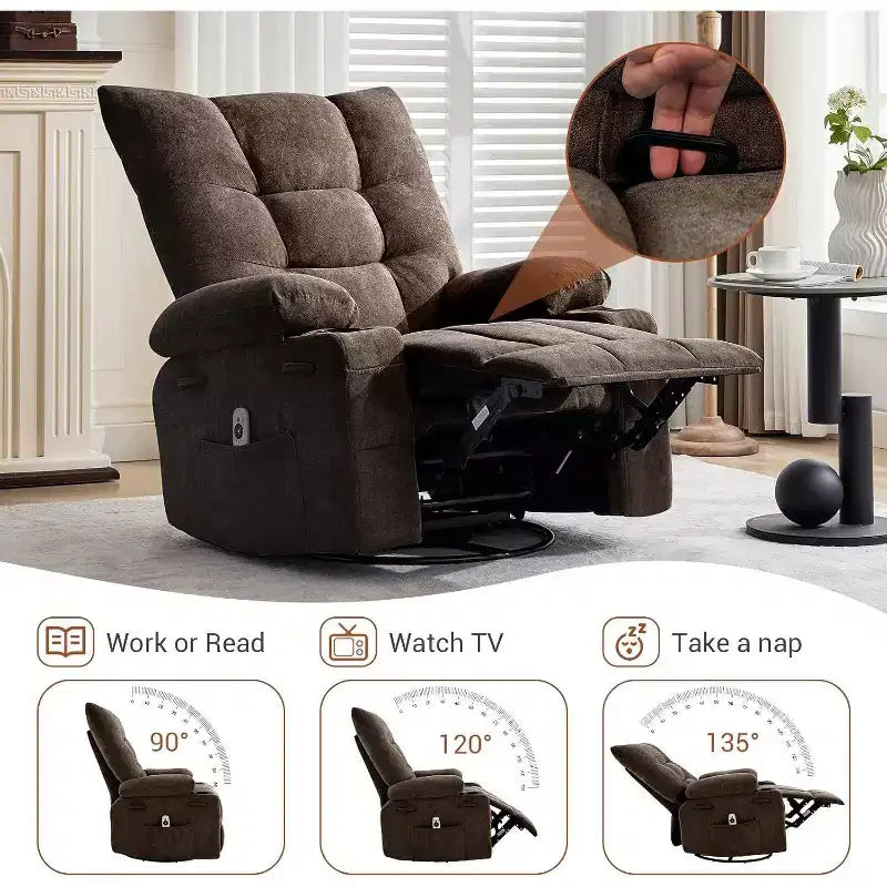 Fauteuil inclinable pivotant manuel avec massage et chaleur, fonction bascule, cuir PU épais rembourré, coussin surdimensionné pour le soulagement du dos, salon