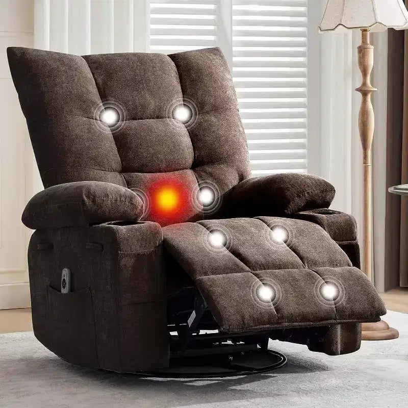 Fauteuil inclinable pivotant manuel avec massage et chaleur, fonction bascule, cuir PU épais rembourré, coussin surdimensionné pour le soulagement du dos, salon