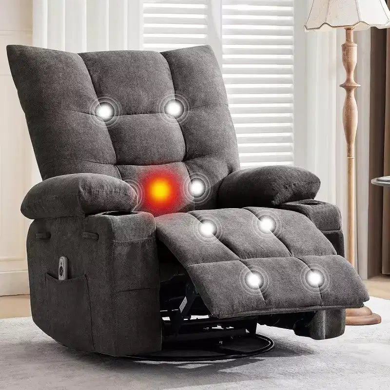 Fauteuil inclinable pivotant manuel avec massage et chaleur, fonction bascule, cuir PU épais rembourré, coussin surdimensionné pour le soulagement du dos, salon