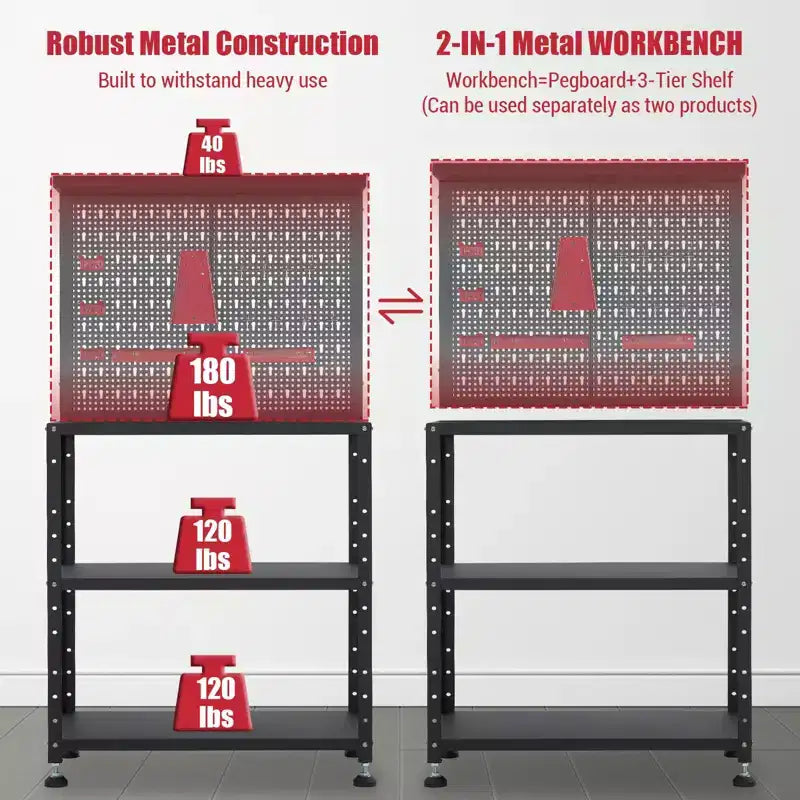 Établi avec panneau perforé, capacité de bureau, établi de garage en acier robuste - avec kits de suspension et étagères de rangement, pour atelier, garage