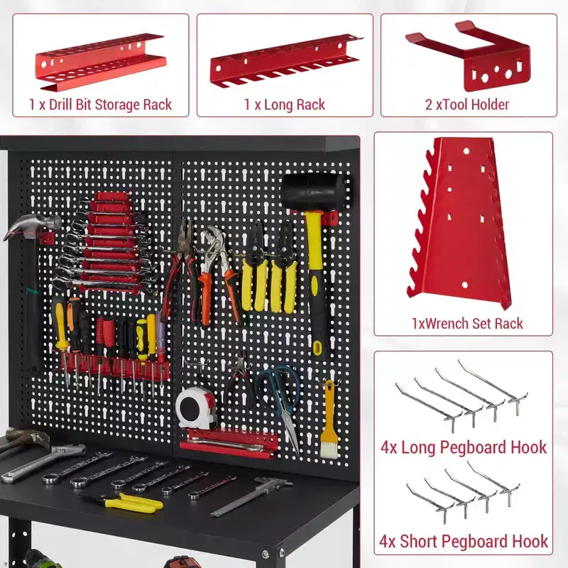 Établi avec panneau perforé, capacité de bureau, établi de garage en acier robuste - avec kits de suspension et étagères de rangement, pour atelier, garage