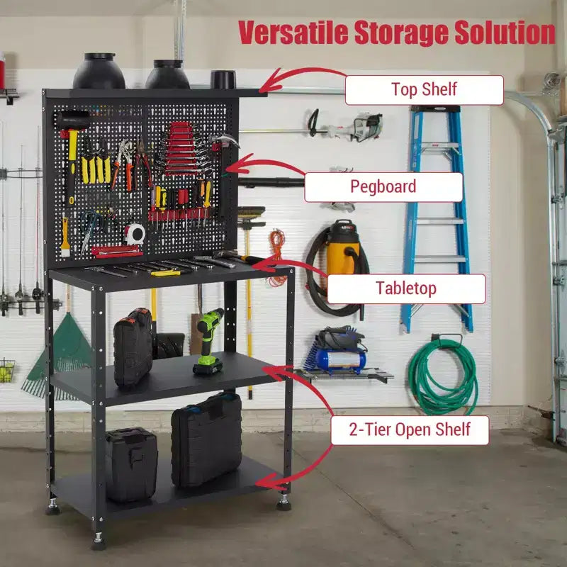 Établi avec panneau perforé, capacité de bureau, établi de garage en acier robuste - avec kits de suspension et étagères de rangement, pour atelier, garage