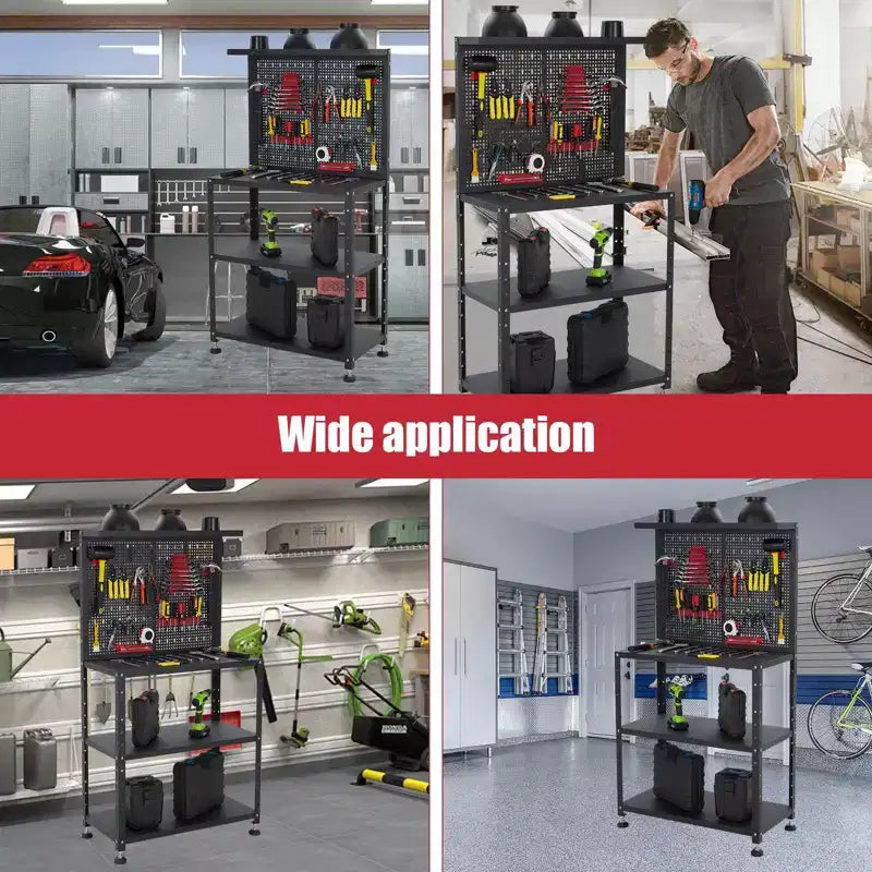Établi avec panneau perforé, capacité de bureau, établi de garage en acier robuste - avec kits de suspension et étagères de rangement, pour atelier, garage