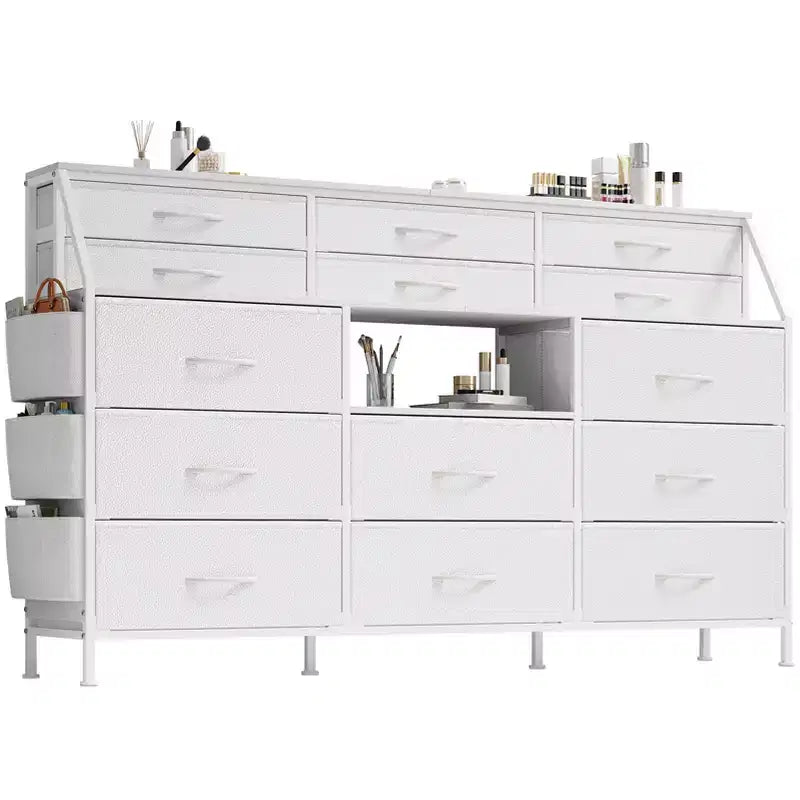 Commode de chambre à coucher avec 14 tiroirs, commode de 55" de large avec pochette latérale, commodes et chiffonniers en tissu avec étagères, dessus en bois
