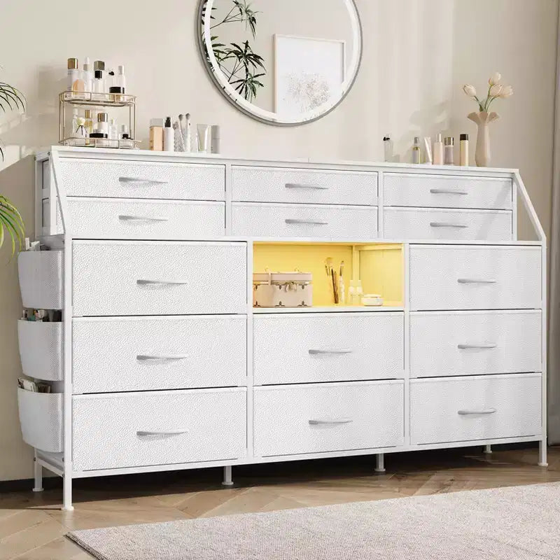 Commode de chambre à coucher avec 14 tiroirs, commode de 55" de large avec pochette latérale, commodes et chiffonniers en tissu avec étagères, dessus en bois