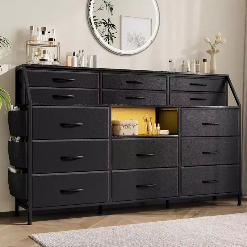 Commode de chambre à coucher avec 14 tiroirs, commode de 55" de large avec pochette latérale, commodes et chiffonniers en tissu avec étagères, dessus en bois