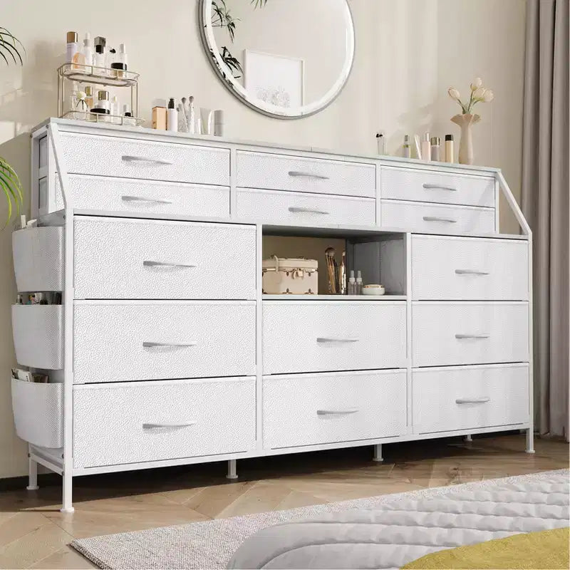 Commode de chambre à coucher avec 14 tiroirs, commode de 55" de large avec pochette latérale, commodes et chiffonniers en tissu avec étagères, dessus en bois