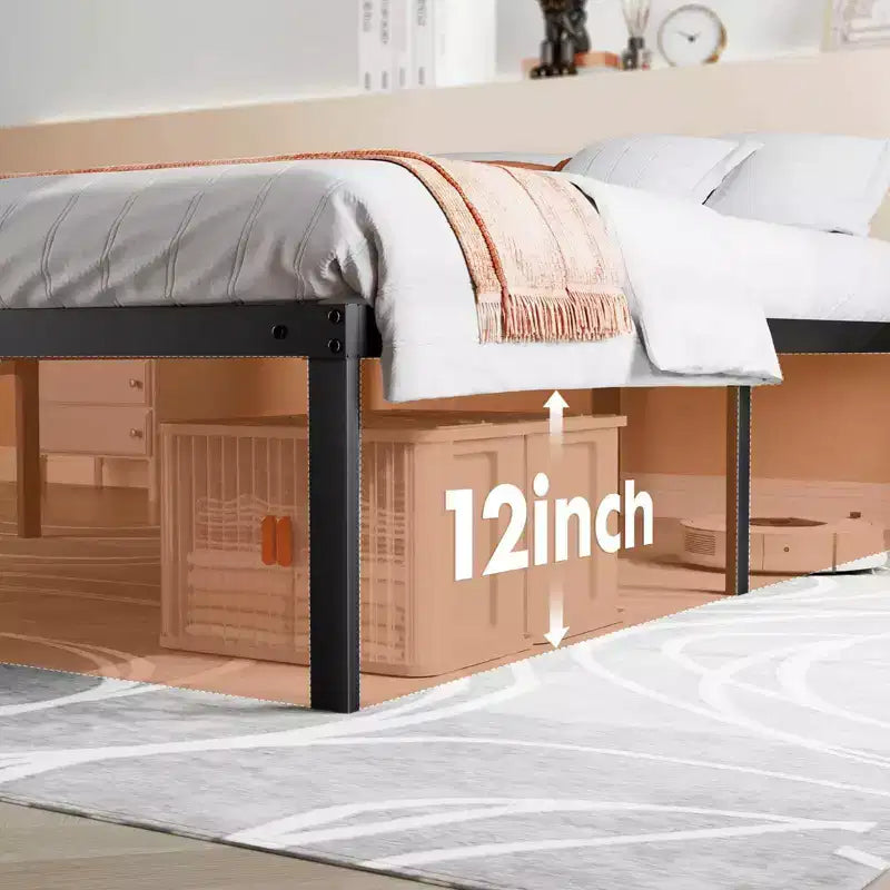Cadre de lit en métal robuste avec support en lattes d'acier, pas besoin de sommier, 12 espaces de rangement sous le lit, montage rapide, capacité de 136 kg (double)