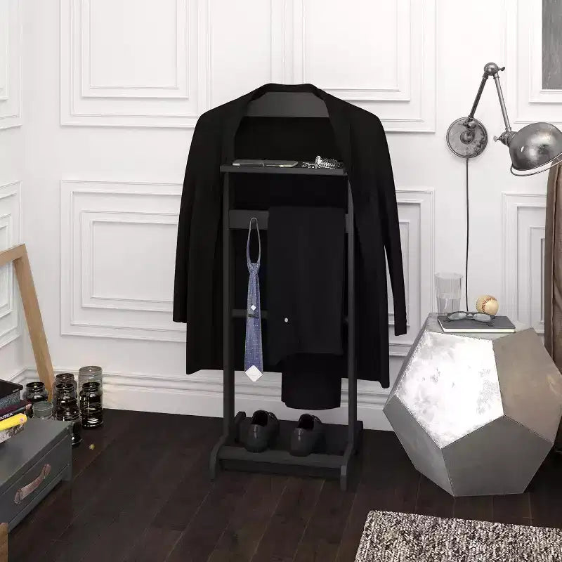 Porte-vêtements portable en bois, Valet de costume 5-en-1 avec étagère à chaussures, cintre et plateau supérieur, 120 cm de haut, noir