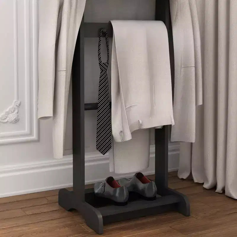 Porte-vêtements portable en bois, Valet de costume 5-en-1 avec étagère à chaussures, cintre et plateau supérieur, 120 cm de haut, noir