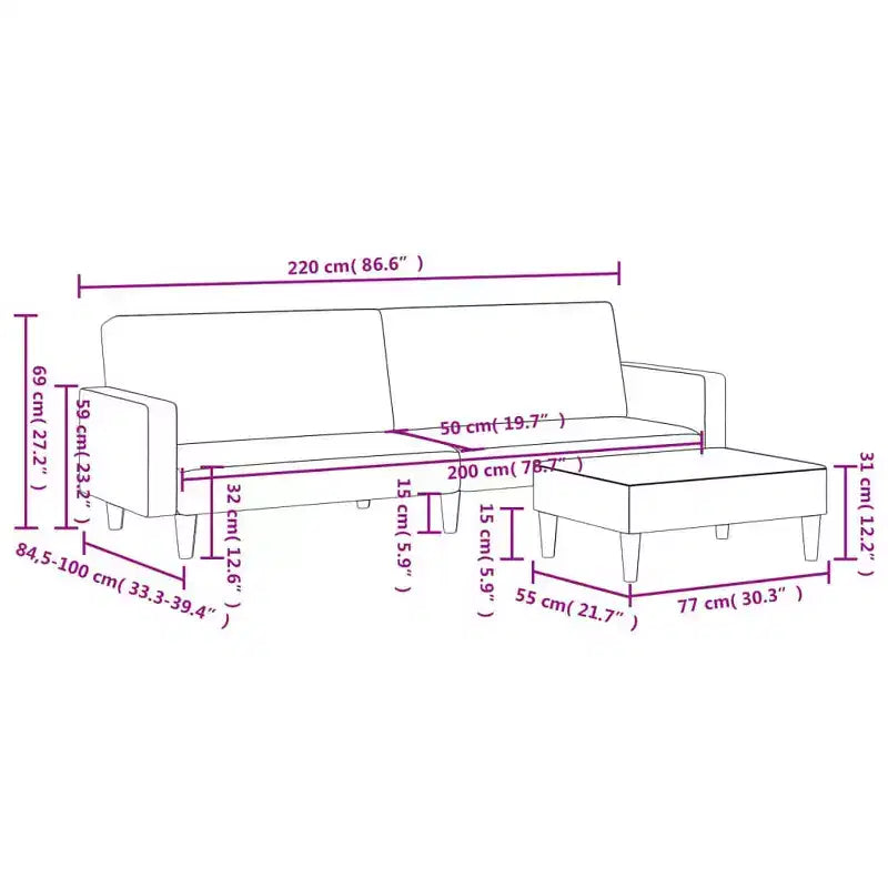 Canapé convertible 2 places en velours gris foncé avec pouf – Lit double moelleux, dossier réglable, cadre en bois robuste