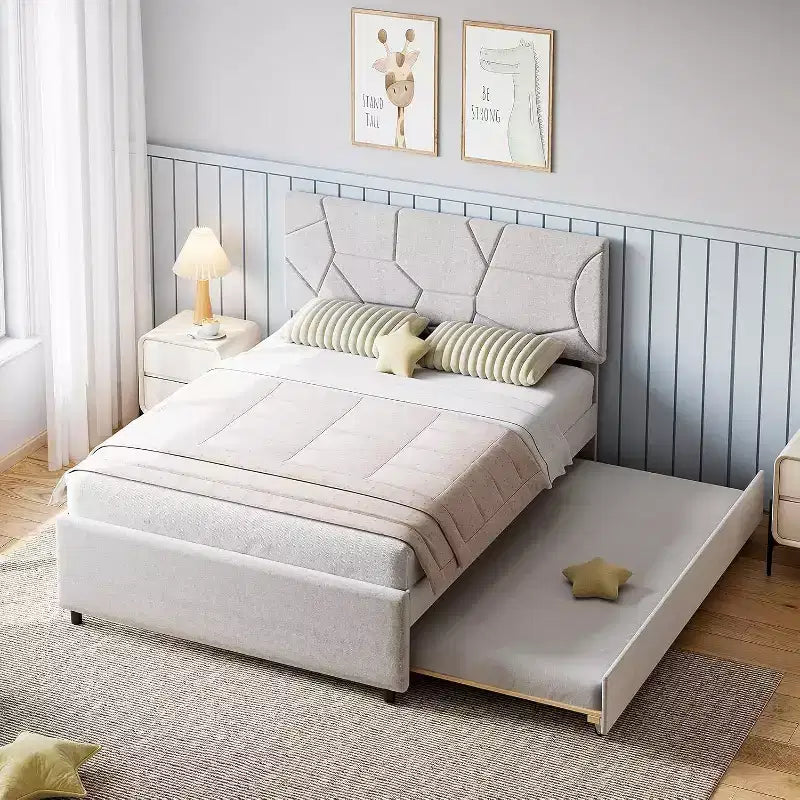 Lit gigogne rembourré – Cadre plateforme double/grand avec lit gigogne escamotable et tête de lit
