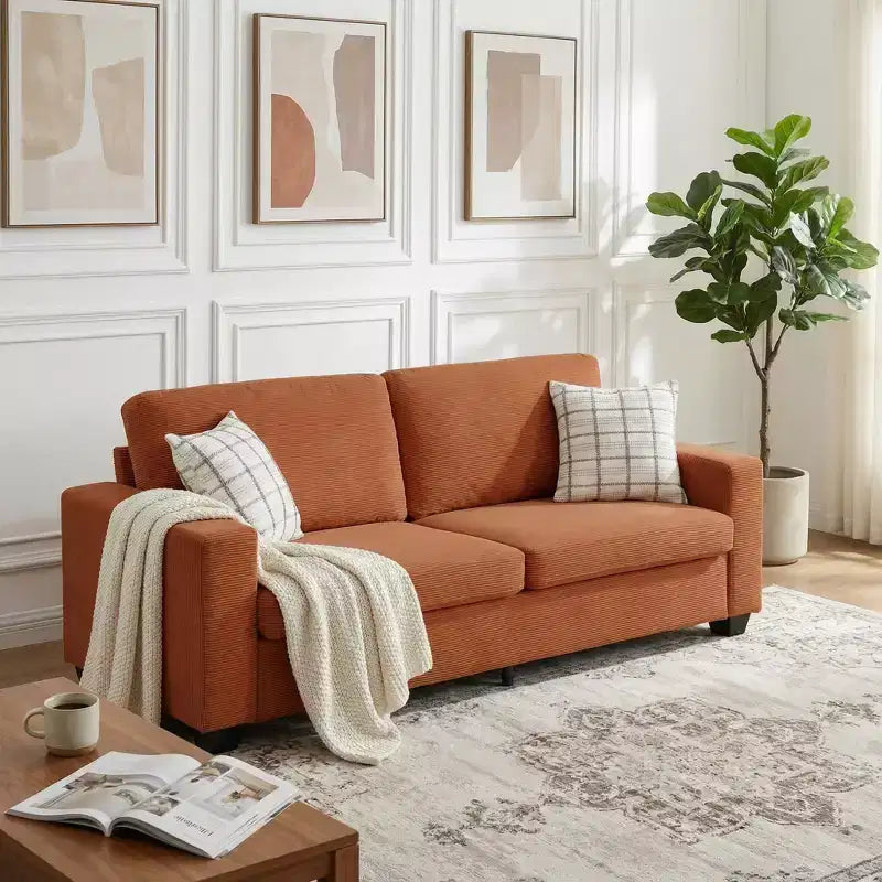 Canapé d'appartement rembourré de 84 pouces, canapé moderne 2 places en velours côtelé avec accoudoirs larges et coussins de soutien pour le salon