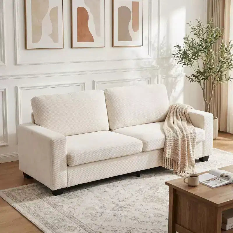Canapé d'appartement rembourré de 84 pouces, canapé moderne 2 places en velours côtelé avec accoudoirs larges et coussins de soutien pour le salon