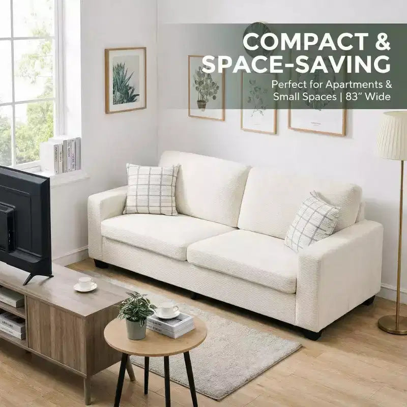 Canapé d'appartement rembourré de 84 pouces, canapé moderne 2 places en velours côtelé avec accoudoirs larges et coussins de soutien pour le salon