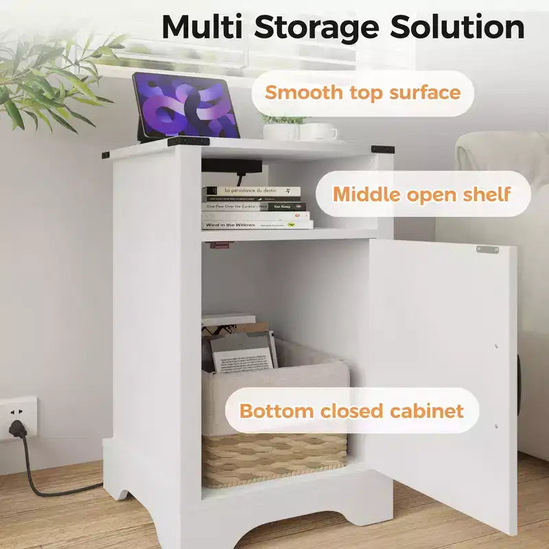 Table de chevet rustique avec station de recharge, table d'appoint avec étagère et rangement pour chambre ou bureau, blanche