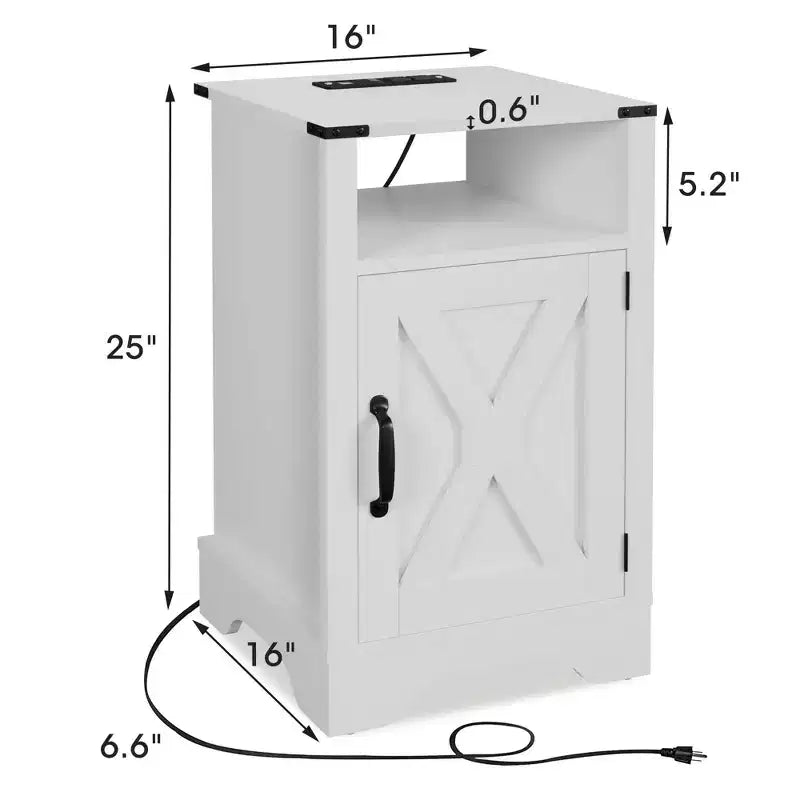 Table de chevet rustique avec station de recharge, table d'appoint avec étagère et rangement pour chambre ou bureau, blanche