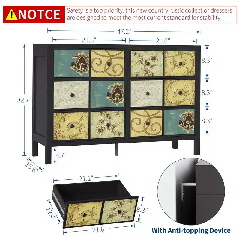 Commode à 6 tiroirs pour chambre à coucher, commode rustique en bois avec poignée en métal, tiroir à motif floral rétro, commode de ferme