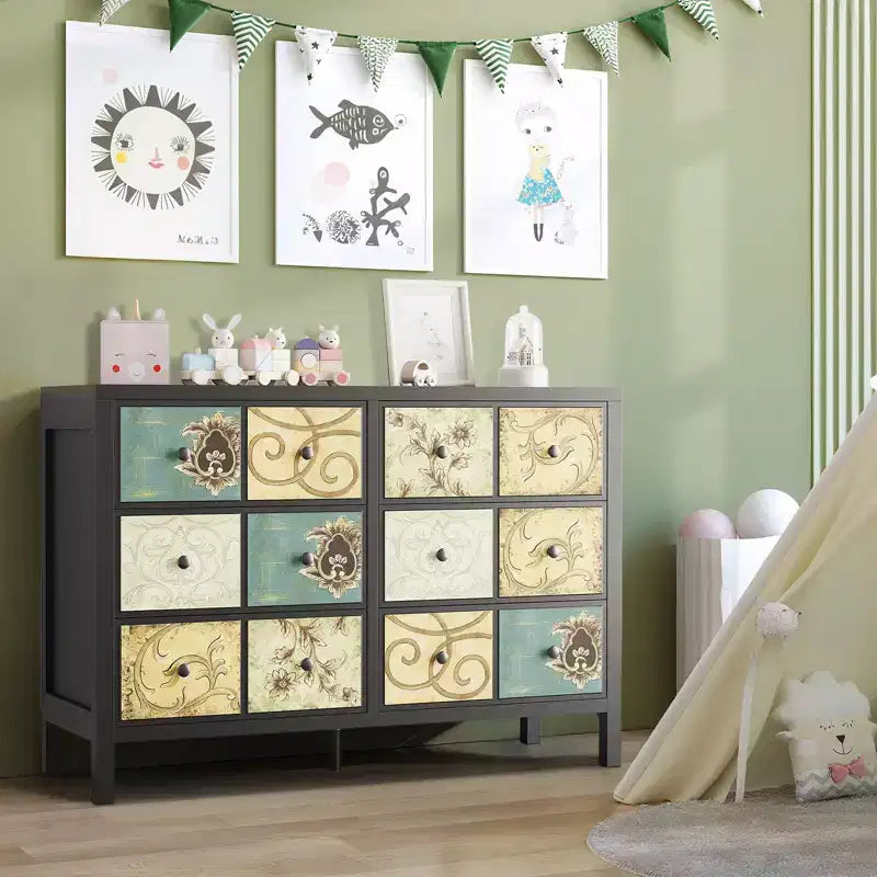 Commode à 6 tiroirs pour chambre à coucher, commode rustique en bois avec poignée en métal, tiroir à motif floral rétro, commode de ferme