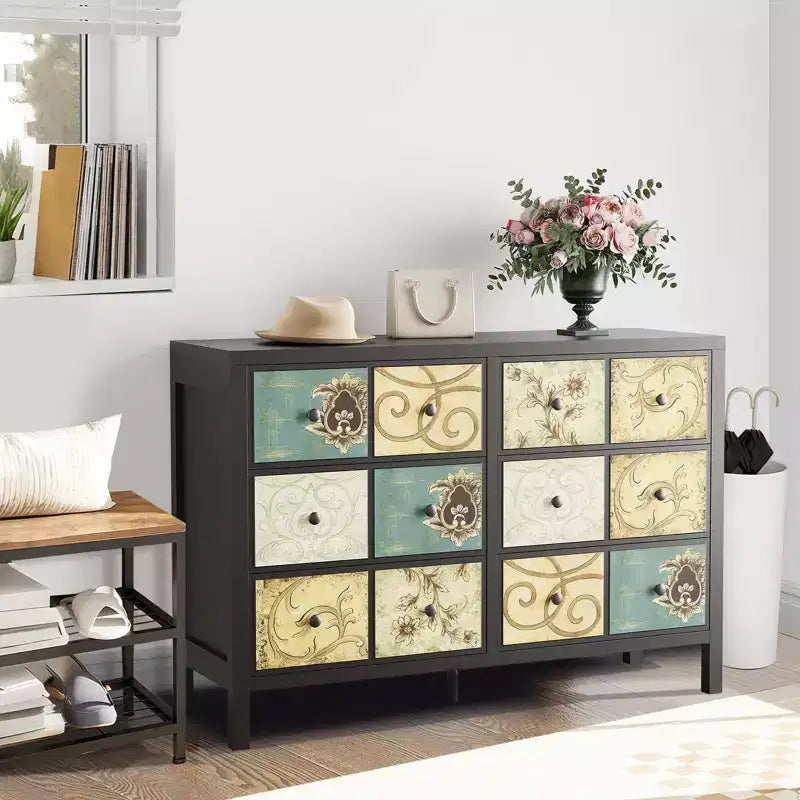 Commode à 6 tiroirs pour chambre à coucher, commode rustique en bois avec poignée en métal, tiroir à motif floral rétro, commode de ferme
