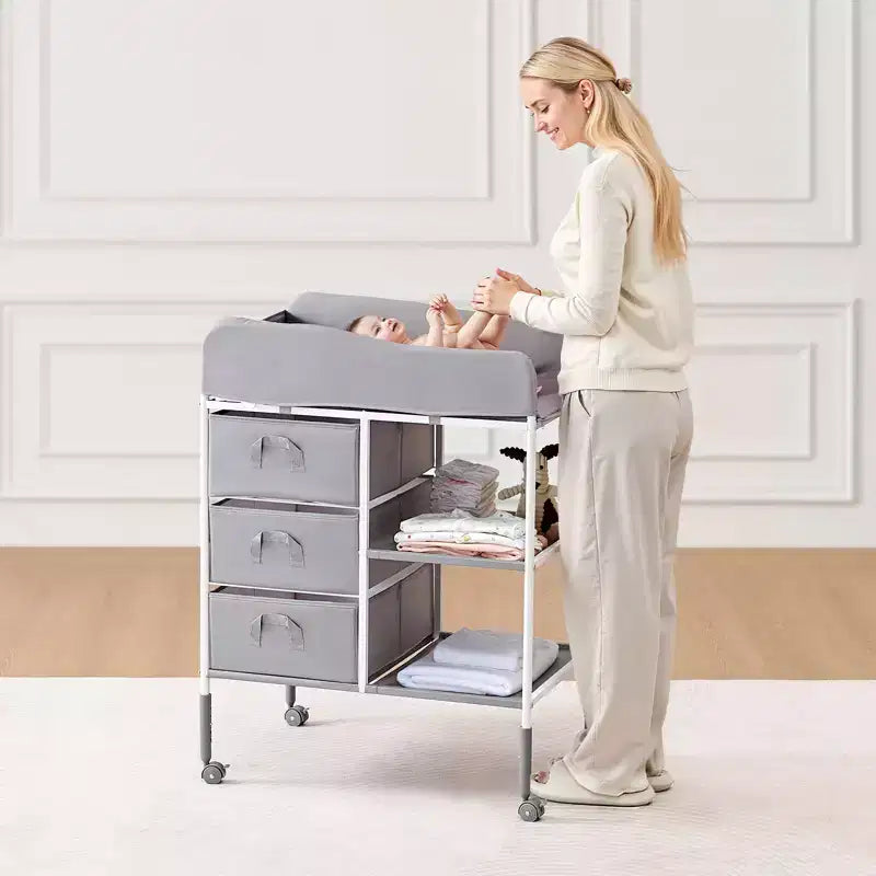 Table à langer pour bébé, station de change portable avec 3 tiroirs en tissu et roues verrouillables, hauteur réglable, gris